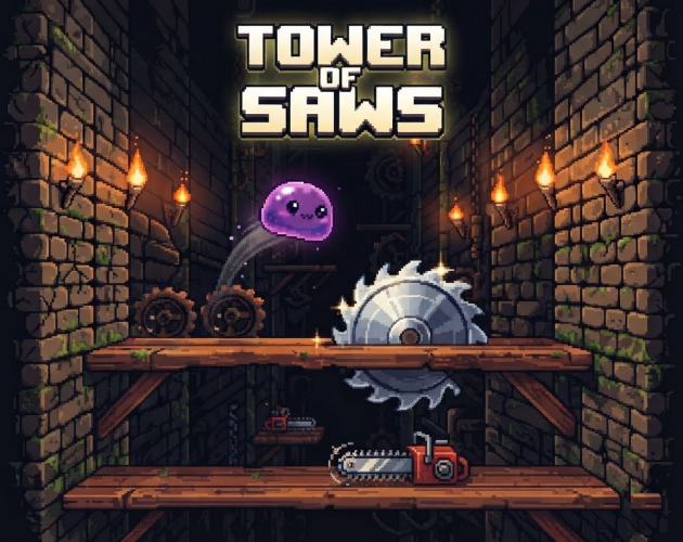 Tower of Saws cover art: a jelly hero facing a spinning saw in a dungeon shaft