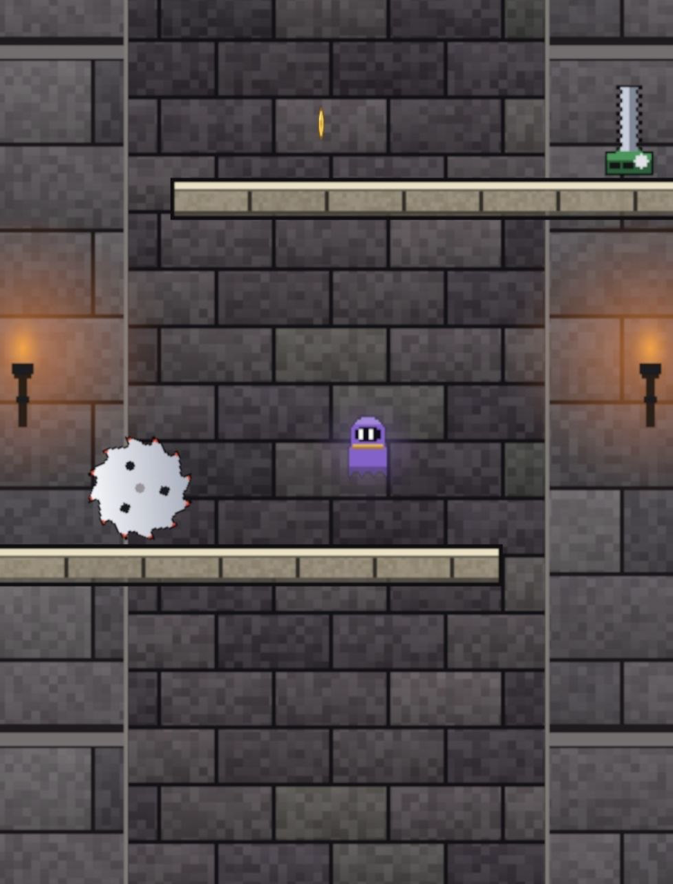 Screenshot: mid-air wall-jump past a saw