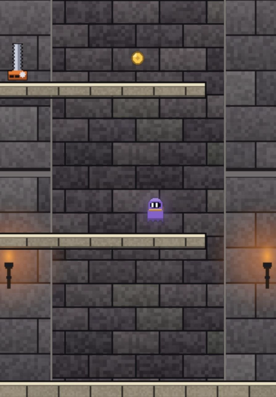 Screenshot: squeezing through a gap between saws