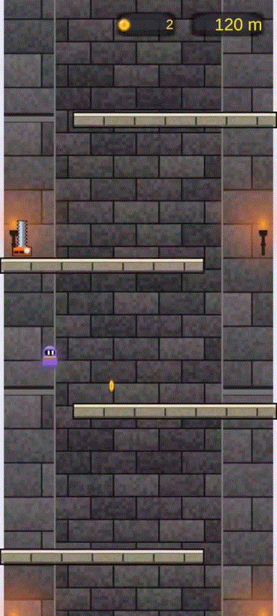 Gameplay: the jelly hero wall-jumps up the shaft between two saw-covered walls